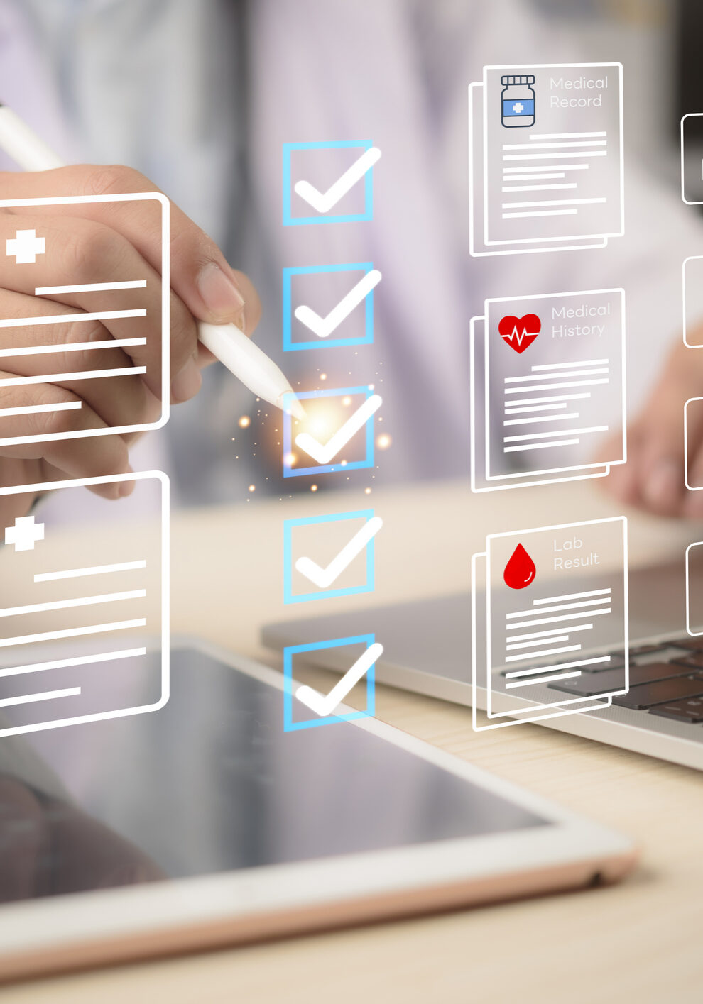 EHR, checklist Doctor taps tablet beside laptop to review medical records and patient data privacy, ticking tasks across history, lab results, and profiles. concept secure digital workflow.